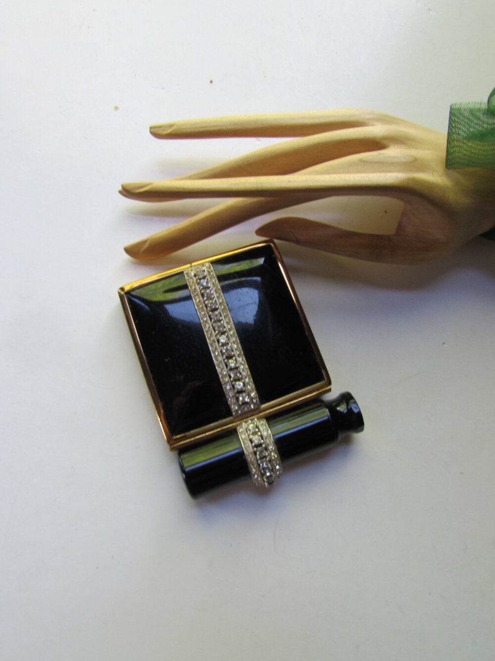 Vintage Compact Vanity Case Black & Gold Rhinestone Band Lipstick Case